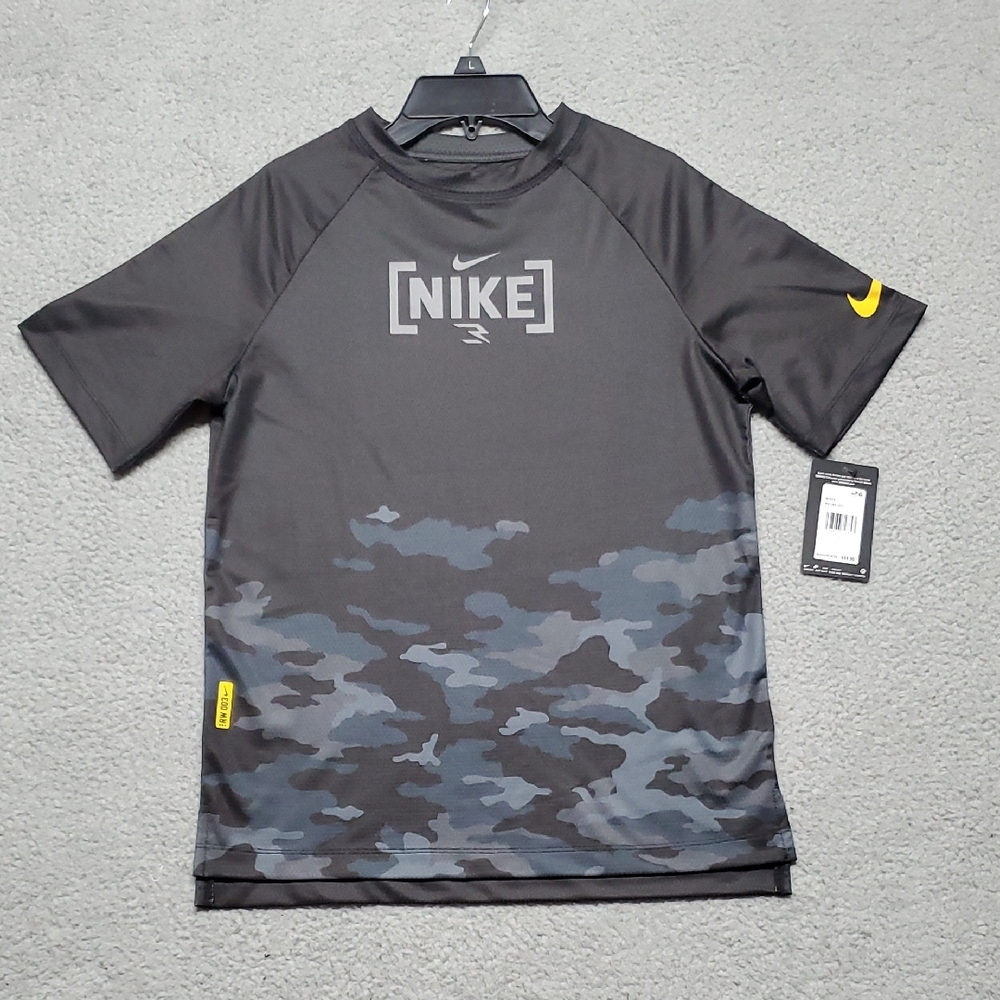 Nike Men's Black and Gray Camo Rash Guard Boys L